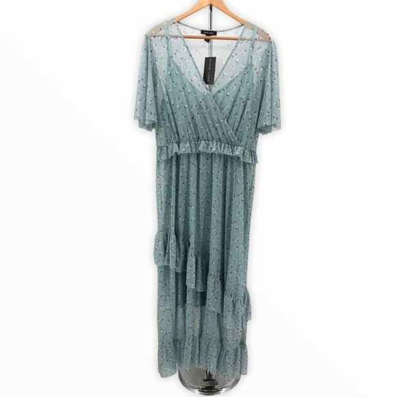 New Look Mesh Frill Blue Floral Ruffle Dress NWT - Picture 3 of 15
